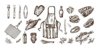 A set of hand-drawn monochrome sketches of barbecue and picnic elements, apron, barbecue grill, tools, grilled fish, fish steaks. For the design of menu of cafes. Doodle vintage illustration. vector