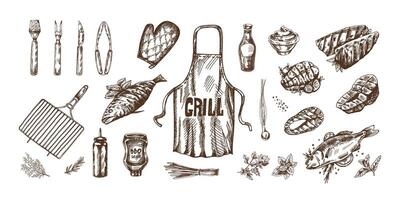 un conjunto de dibujado a mano monocromo bocetos de parilla y picnic elementos, delantal, parilla parrilla, herramientas, A la parrilla pez, pescado bistecs para el diseño de menú de cafés garabatear Clásico ilustración. vector