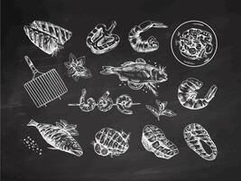 A set of hand-drawn sketches of barbecue fish and pieces of barbecue salmon steaks, shrimps, grilled pepper, barbecue. Vintage illustration on chalkboard background. vector