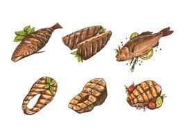 Hand-drawn colored sketch of barbecue fish and pieces of barbecue salmon steaks. Doodle vintage illustration. Decorations for the menu. Engraved image. vector