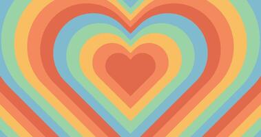 Retro abstract multicolored background. Wallpaper with tunnel heart in trendy 70s, 80s style. Rainbow romantic pattern. vector