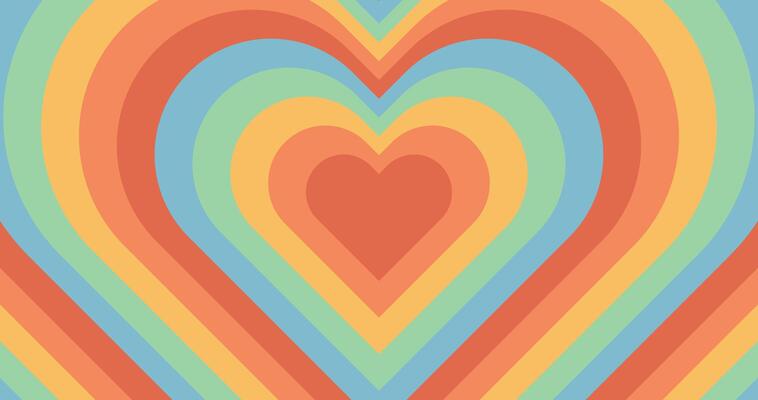 Retro abstract multicolored background. Wallpaper with tunnel heart in trendy 70s, 80s style. Rainbow romantic pattern.
