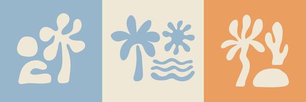 Minimalistic banner with groovy abstract beach elements. Abstract Sun and sea boho print design. Minimal cactus vector