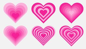 Set of tunnel pink heart. Optical hypnotic elements in trendy 70s, 80s style. Abstract retro shape vector