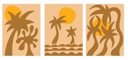 Abstract groovy posters with palm tree and sea. Templates and graphic elements. Hand drawn plants summer vector