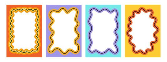 Set of abstract wavy color frame. Wave scalloped edge border. Cute curved frame box. Jagged patches set. Design elements vector