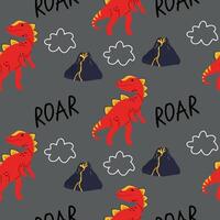 Bright seamless pattern with dinosaurus, volcanos, clouds. vector