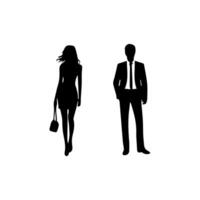 silhouettes of men and a women, a group of standing business people, black color isolated on white background vector