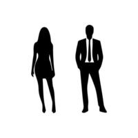 silhouettes of men and a women, a group of standing business people, black color isolated on white background vector