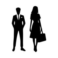 silhouettes of men and a women, a group of standing business people, black color isolated on white background vector