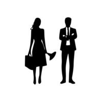 silhouettes of men and a women, a group of standing business people, black color isolated on white background vector