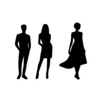 silhouettes of men and a women, a group of standing business people, black color isolated on white background vector