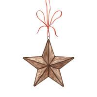 Vintage Copper Five Pointed Star with Pendant and Bow. Watercolor illustration in vintage style on isolated background. Drawing for Christmas holidays, invitations, cards, banners, wrapping paper. vector