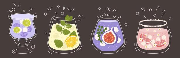 Collection with different taste lemonade, various of glasses shapes. Lemon, mint, fig fruit, strawberry and grapefruit, lime, petals. illustration in outline and flat color on dark background vector