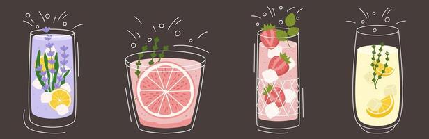 Collection with different taste lemonade and various of glasses shapes. Lemon and thyme, lavender, grapefruit and strawberry. illustration in outline and flat color style on dark background vector