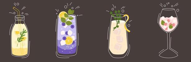 Collection with different taste lemonade and various of glasses shapes. Lemon, blueberry, thyme and rose petals. illustration in outline and flat color style on dark background vector