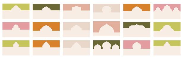 Various geometric shapes for website header or footer sections adorned with Islamic architectural elements. Landing page separator template for structuring design layouts, in flat styling. vector