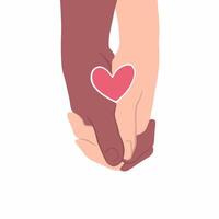 Red Heart Symbol Between Two People of Different Skin Color Holding Hands on White Background. Hand Drawn Colored Flat Illustration. vector