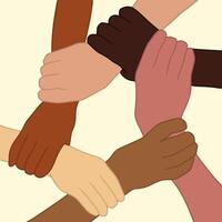 Hands of People with Different Skin Colors Holding Each Other Wrist. Flat Illustration. vector