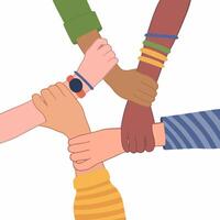 Hands of People with Different Skin Colors Holding Each Other Wrist. Flat Illustration. vector