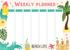 Weekly summer planner. Planning of summer leisure and recreation on beach. Beach background for notes. Holiday elements. Lemonade, palm, surfboard, waves, seashells, sand castle. illustration. vector