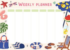 Weekly summer planner. Cute design notebook template. Planning of summer leisure and recreation on beach. Beach holiday elements Lemonade, sunbed, umbrella, sand castle, lifebuoy. illustration. vector