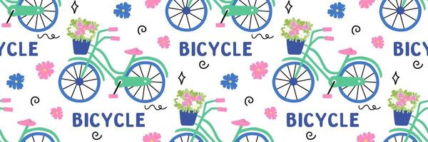 Bicycle seamless pattern. World Bicycle Day 3 June Background with bike. Summer activities and sports. Suitable for textile design, packaging, wallpaper, scrapbooking. flat illustration. vector