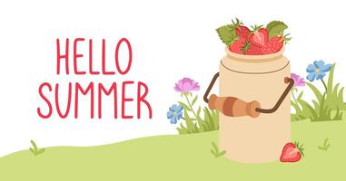 Colorful Summer background layout banners design. Horizontal poster with Can with strawberries and lettering. Hello Summer background, greeting card, header for website, sale. flat illustration vector
