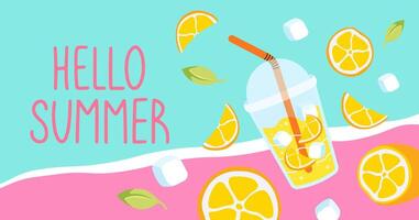 Colorful Summer background layout banners design. Horizontal poster with lemonade, lemons and lettering. Hello Summer background, greeting card, header for website, sale. flat illustration. vector