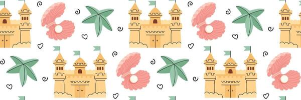 Beach life pattern. Cute summer background with sand castle, seashells, starfish and doodle elements. Suitable for textile design, packaging, wallpaper, brands. flat illustration. vector