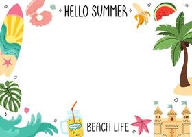 Hello summer frame. Beach party design template. Beach background for sales, party. Holiday elements. Lemonade, palm tree, surfboard, sea waves, seashells, sand castle. illustration. vector