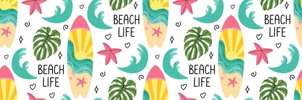 Beach life seamless pattern. Beach background with palm tree, surfboard, sea waves, starfish and doodle elements. Suitable for textile design, packaging, wallpaper, scrapbooking. illustration. vector