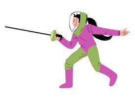 Athlete fencing women in outfit with sword. Fencing duel competition event color icon. Sword fighting. Character for sports standings, website, postcard, mascot. flat illustration. vector