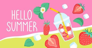 Colorful Summer background layout banners design. Horizontal poster with lemonade, lemons and lettering. Hello Summer background, greeting card, header for website, sale. flat illustration. vector