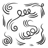 Doodle wind line sketch set. Hand drawn doodle wind movement, air blowing, vortex elements. Sketch of air blowing movement, abstract lines. vector