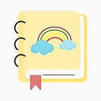 un amarillo cuaderno con un arco iris y nubes en eso vector