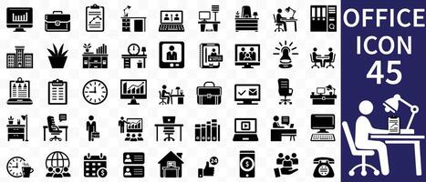 Office icon set. Containing briefcase, desk, computer, meeting, employee, schedule and co-worker symbol. Solid workspace icons collection. vector