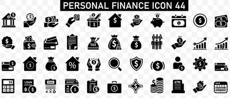 Personal finance icon set. Containing budget, savings, expense, income, tax, loan, statement, financial management, mortgage and more. Solid black icons collection vector