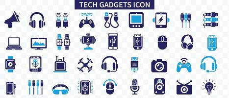 Tech gadgets icon set. Containing smartphone, laptop, tablet, smartwatch, drone, headphones, digital camera, smart TV, gaming console, and more. Solid icons collection. vector