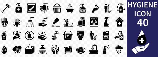 higiene icono conjunto conteniendo limpieza, desinfección, jabón, baños, barrer, ducha, Lavado manos, limpiar y saneamiento iconos limpieza concepto. sólido icono colección vector