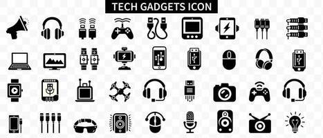 Tech gadgets icon set. Containing smartphone, laptop, tablet, smartwatch, drone, headphones, digital camera, smart TV, gaming console and more. Solid icons vector