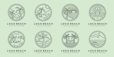 set of line art beach icon logo illustration design, ocean landscape whit badge emblem and wave minimal logo design vector