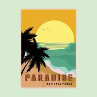 paradise beach national park vintage poster illustration design, tropical ocean poster background illustration design vector