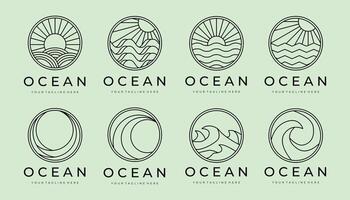 Unset of ocean waves minimalist line art logo illustration template design. bundle collection various of ocean wave isolated with badge icon logo design vector