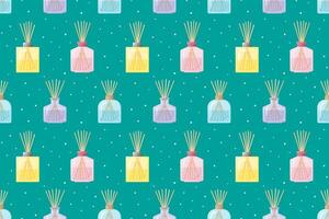 Home fragrances seamless pattern, glass bottles with aroma sticks, green background with perfumes for home, flat design. Aromatherapy concept vector