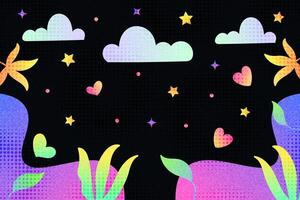 divertido y vistoso creativo antecedentes con nubes, estrellas, corazones y flores vibrante degradado antecedentes para niños o fiesta celebracion vector