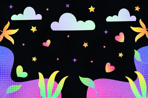Fun and Colorful Creative Background with Clouds, Stars, Hearts and Flowers. Vibrant Gradient Background for Kids or Party Celebration