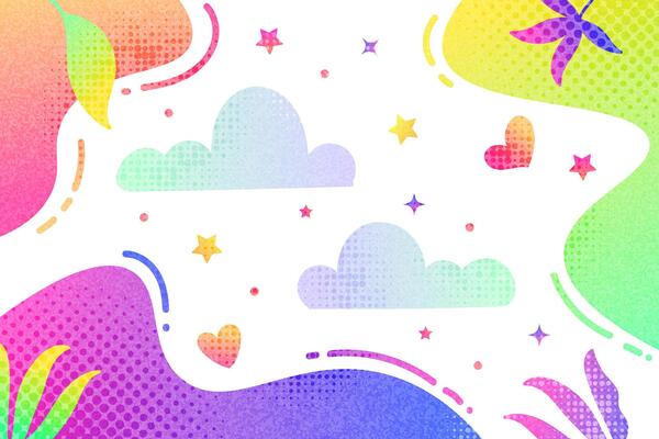 Fun and Colorful Creative Background with Clouds, Stars, Hearts and Flowers. Vibrant Gradient Background for Kids or Party Celebration