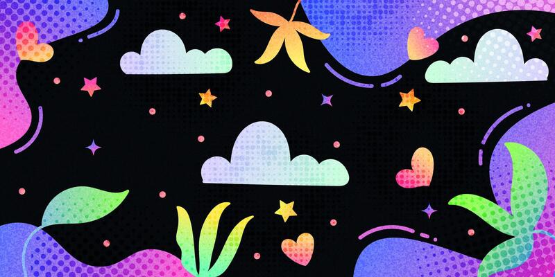 Fun and Colorful Creative Background with Clouds, Stars, Hearts and Flowers. Vibrant Gradient Background for Kids or Party Celebration