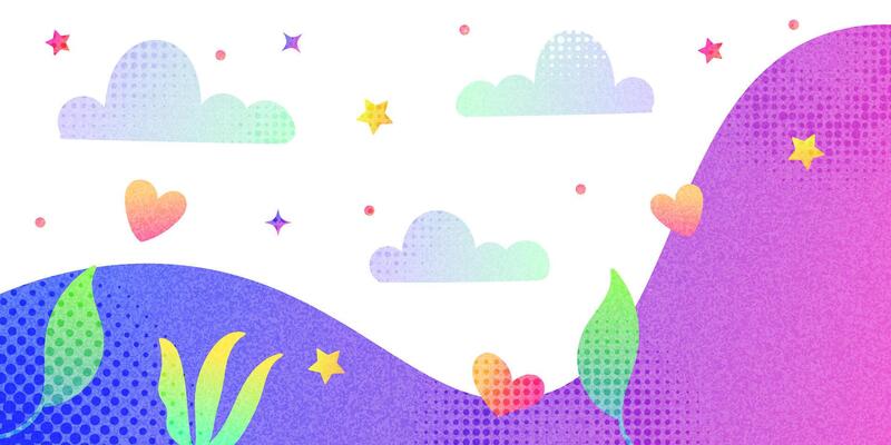 Fun and Colorful Creative Background with Clouds, Stars, Hearts and Flowers. Vibrant Gradient Background for Kids or Party Celebration